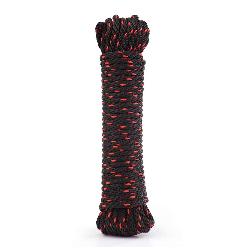 Rope Ratchet حبل راتشيت 1/14" 50 قدم حبل بولي بروبيلين مضفر، مقاوم للطقس داخلي وخارجي للحدائق، مشاريع DIY، تأمين الأحمال، الربط، ربط العقد، استخدام الأقمشة، سعة 150 رطل - أسود/أحمر - Image 1